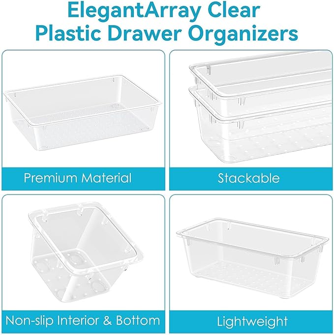 ElegantArray 12 PCS Drawer Organizer Set, 4 Sizes Tool Storage Trays, Clear Plastic Makeup Vanity Organizer and Storage Bins for Makeup, Stationeries, Multiple Gadgets for Bathroom, Office, Bedroom