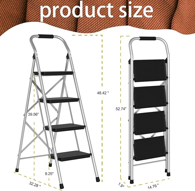 Step Stool for Adults,4 Step Ladder Folding 330lbs Anti Slip Step Ladder,Foldable Ergonomic Step Stool with Wide Pedal for Home, Kitchen, Office (Sliver)