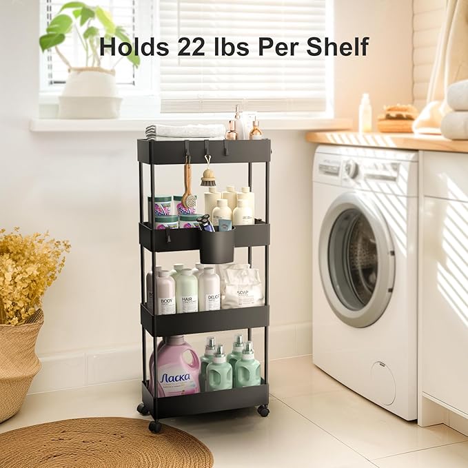 Pipishell Slim Storage Cart with Wheels - Bathroom Cart Organizer Storage, 4 Tier Rolling Carts for Bathroom, Laundry Room, Kitchen, Narrow Space, Black PIUC05