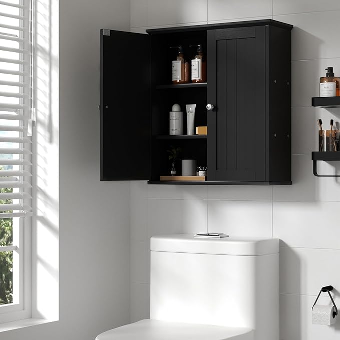 Shintenchi Bathroom Wall Medicine Cabinet with 2 Door, Bathroom Storage Organizer Over The Toilet,Space Saving Storage with 3-Tier Shelves,Solid Black