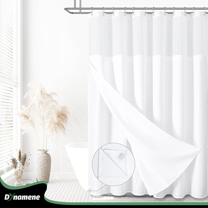 Dynamene 78 Inch Long Shower Curtain, Tall Waffle Fabric Shower Curtains for Bathroom, Hotel Waterproof Cloth Shower Curtain Liner Set with Hooks, Snap in Liner, Mesh Top Window, White, 72x78