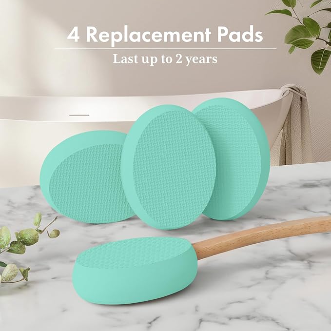 AmazerBath Lotion Applicator for Back, Feet, 4 Replacement Pads with 17" Curved Handle, Back Sunscreen Applicator for Kids, Elderly, Women, Apply Skin Cream Medicine Moisturizer Tanner, Apple Green