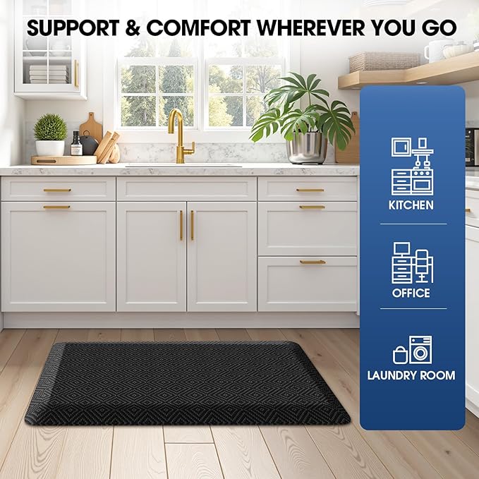 Mattitude 4/5 Inch Thick Kitchen Mat Cushioned Anti-Fatigue Floor Mat Water Resistant Non-Slip Mats and Rugs Standing and Comfort Desk Mats for House Sink Office Laundry (Black, 20"x39")