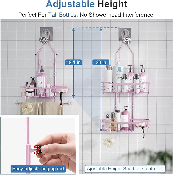 Shower Caddy, Upgraded Extended Length Shower Caddy Over Showerhead No Blocking to Shower Head, Rustproof Shower Organizer with Hooks Shampoo Soap Holder, Bathroom Large Hanging Shower Caddy