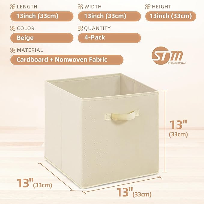 STORAGE MANIAC Storage Cubes, 13 Inch Collapsible Storage Bins with Handles, 4 Pack Fabric Foldable Bins for Organization, Durable Storage Bins for Closet, Shelves, Offices, 4-Pack Beige
