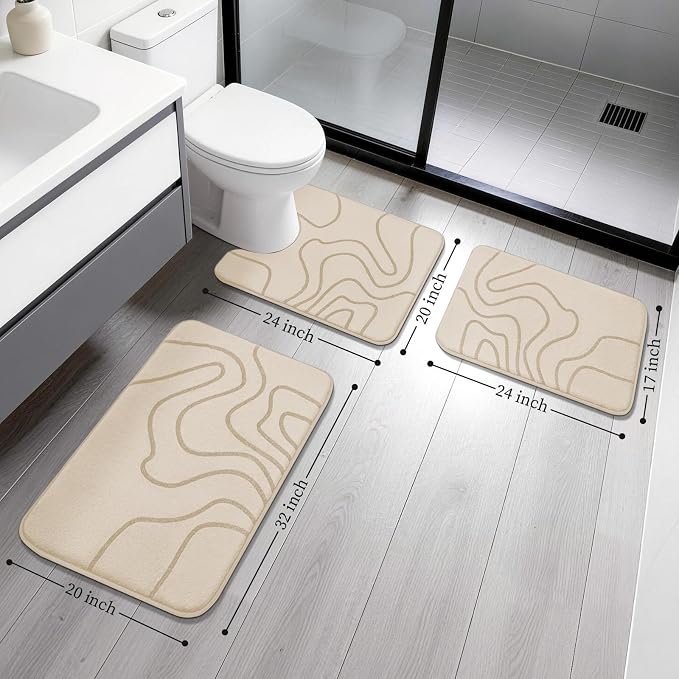 YIHOUSE Memory Foam Bathroom Rugs Sets 3 Piece - Extra Thick Ultra Soft Absorbent Bath Mat Set, Non-Slip Machine Washable Bath Rugs for Bathroom, Tub & Shower, Home Decor Accessories, Beige