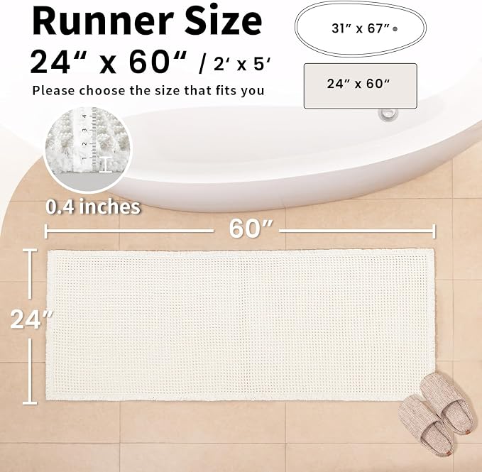 White Long Bathroom Rugs, Waffle Runner Bath Mat Non Slip Washable, Super Absorbent & Quick Dry, Boho Bath Mat Farmhouse Bathroom Decor, 24'' x 60'', White