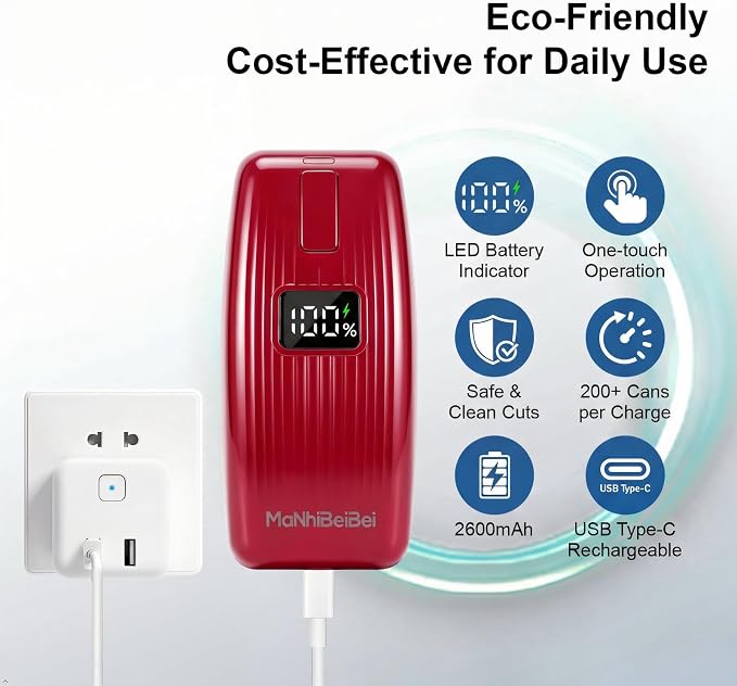 Electric Can Opener with LED Digital Display, USB Rechargeable, One-Touch Automatic, Hands-Free, Smooth Edge, Compact Cordless Opener for Seniors (Red)