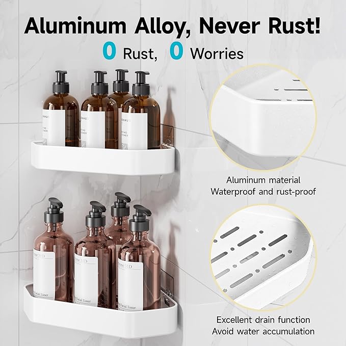 Veken Aluminum Corner Shower Caddy 4-Pack, Never Rust, No Drilling Adhesive Shelves, Stainless Rack with Soap Holder, Bathroom Organizers and Storage, Wall-Mounted Kitchen & Home Decor, White