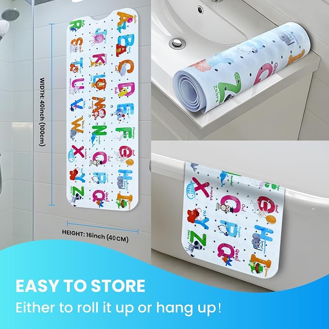 Baby Bath Tub Mat, Extra Large Non Slip Kids Cartoon Bathtub Shower Mats with Suction Cups & Drain Holes, Machine Washable for Bathroom, 40 x 16 Inch, Alphabet Animals Pattern