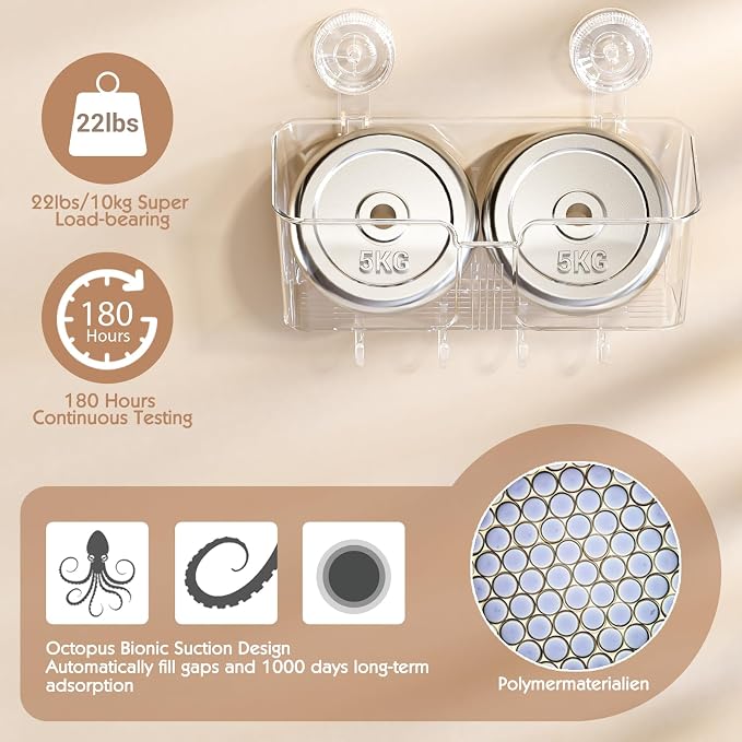 LUXEAR Clear Shower Caddy Suction Cup, No Drilling Removable Shower Shelf, Max Hold 22lbs Suction Bathroom Caddy, One Second Installation Waterproof Suction Shower Organizer for Bathroom Kitchen