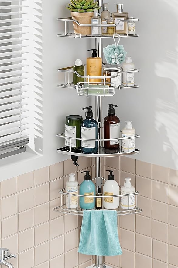 Corner Shower Caddy Tension Pole Rustproof, 4 Tier Adjustable Shower Organizer Tension Pole, 25-125 Inch Bathroom Shower Organizer for Bathtub Shampoo Storage, Silver