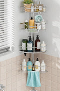 Corner Shower Caddy Tension Pole Rustproof, 4 Tier Adjustable Shower Organizer Tension Pole, 25-125 Inch Bathroom Shower Organizer for Bathtub Shampoo Storage, Silver