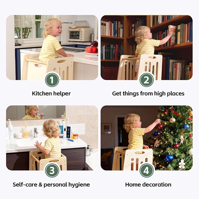 Toddler Tower,Height-Adjustable Step Stool with Sliding Safety Door,Easy to Adjust Height,Suitable for Kids from 18 Months to 5 Years Old,Anti-tilt Kitchen Step Stool with Safety Feet-Natural