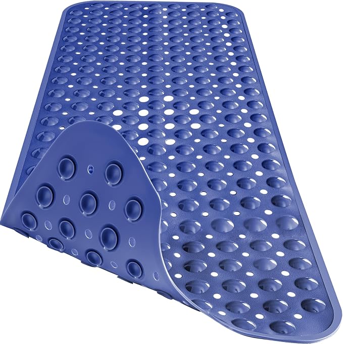 Extra Long Bathtub Mat Non Slip, Navy Blue Soft Bath Mat for Tub 40 x 16 Inch Full Size, Bath Tub Shower Mats for Bathroom Floor, Big Suction Cups and Drain Holes, Easy Washable, BPA Free