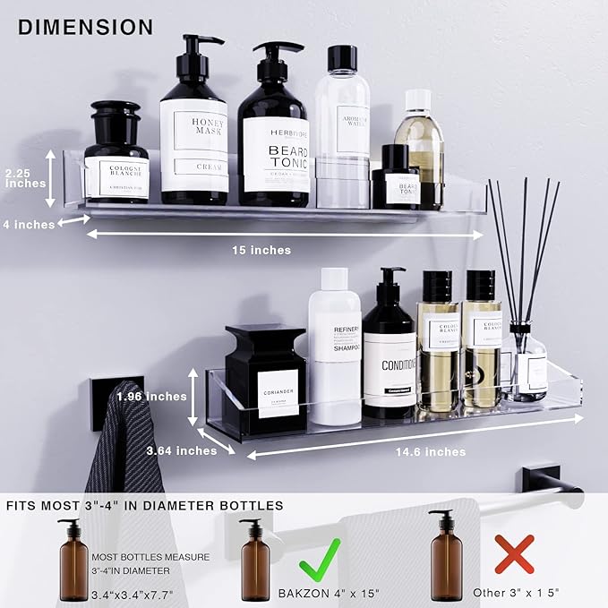 Bakzon Acrylic Shower Shelves 2 Pack – No Drill Adhesive Acrylic Bathroom Shelves, Heavy Duty Shower Caddy Holds 20 lbs, Clear Wall Mounted Shower Organizer for Inside Shower