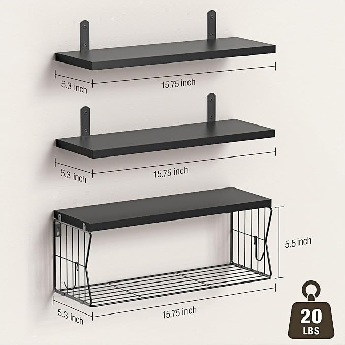 Floating Bathroom Shelves Wall Mounted - Wooden Shelf Set of 3 for Over Toilet Storage & Modern Bathroom Decor - Perfect Wall Shelving Organizer for Apartments RVs Powder Rooms Restroom - Black
