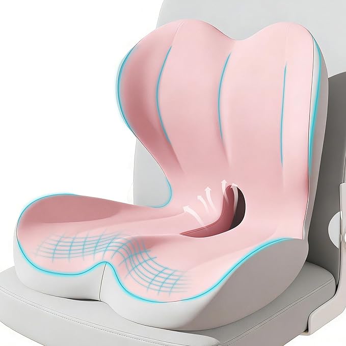 Seat Cushion for Office Chair and Car, Lumbar Support Pillow for Office Chair, Memory Foam Ergonomic Seat Cushion for Long Sitting, Back & Tailbone Pain, Sciatica - Pink & Gray