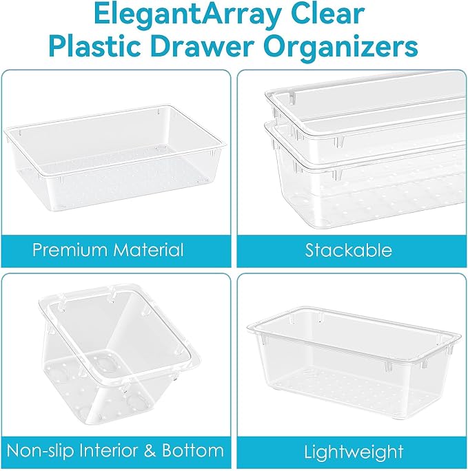 ElegantArray 24 PCS Drawer Organizer Set, 4 Sizes Tool Storage Trays, Clear Plastic Makeup Vanity Organizer and Storage Bins for Makeup, Stationeries, Multiple Gadgets for Bathroom, Office, Bedroom