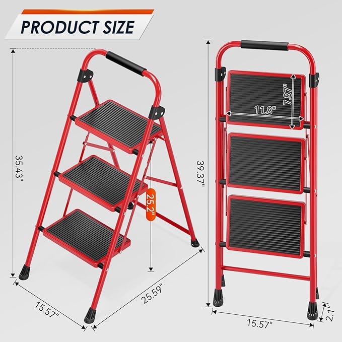 Urackify Step Ladder, 3 Step Ladder with Anti-Slip and Wide Pedal, Portable Foldable Step Stool with Handgrip, Sturdy Step Ladder for Home Kitchen Household, Red