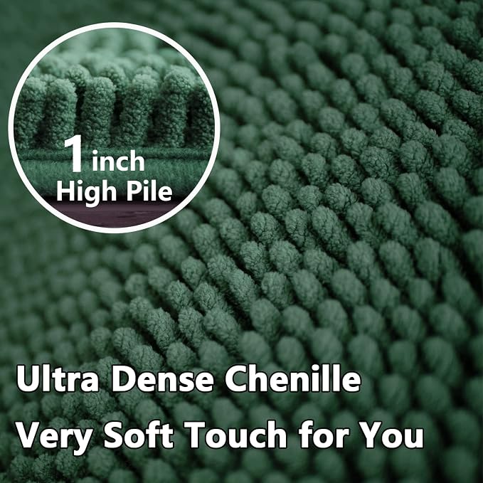Green Bathroom Rug Chenille 3-Piece Extra Soft and Absorbent Shag Bath Mat Set, Machine Wash Bathroom Rug Set, Strong PVC Non-Slip Underside, Plush Carpet Bath Mat (Dark Green)