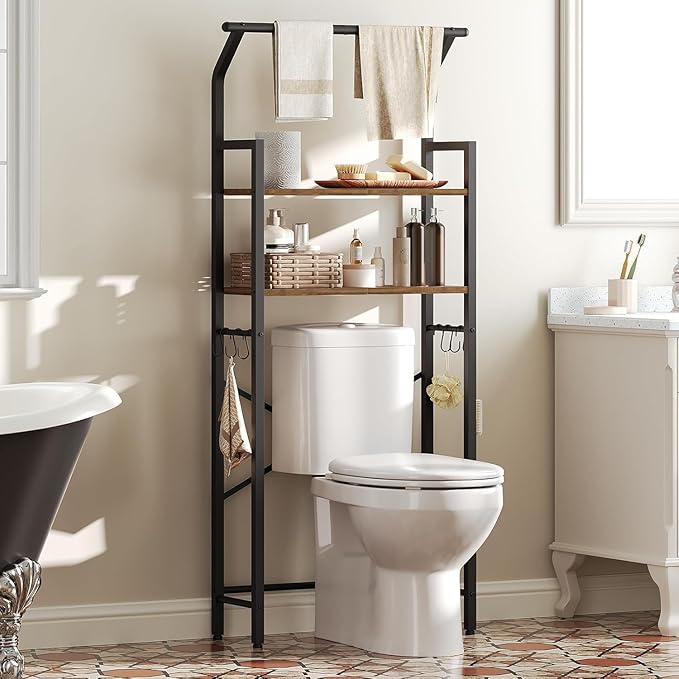 YATINEY 2-Tier Over The Toilet Storage, Multifunctional Vertical Over Toilet Bathroom Organizer, Freestanding Bathroom Storage Shelves with Hooks, Bathroom Organizer, Rustic Brown and Black TR01BR