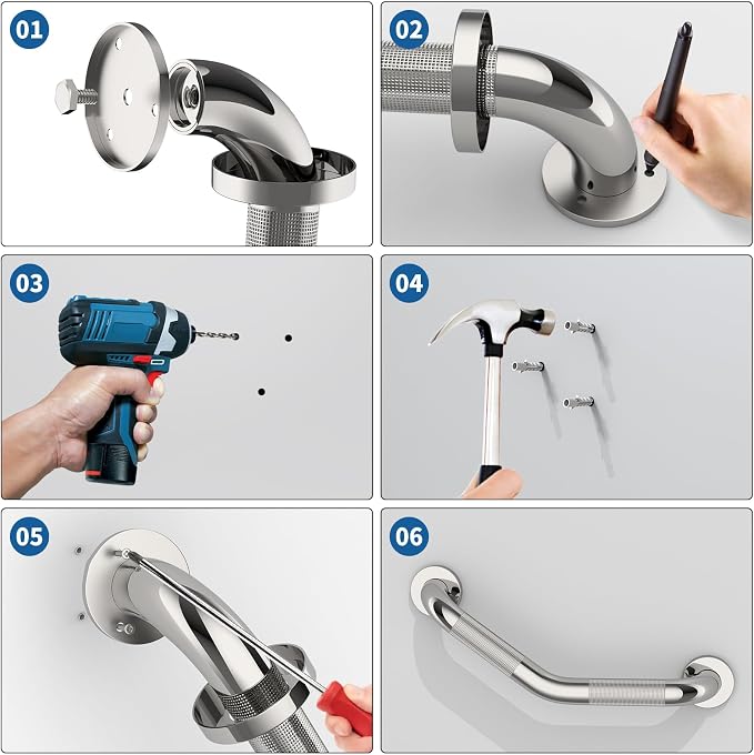 16 Inch Angled Shower Grab Bar, Munzong Anti Slip Satin Brushed Nickel Bathroom Grab Bar, Knurled Bathroom Balance Bar,Safety Hand Rail Support Handicap Elderly Injury Senior Assist Bath Handle