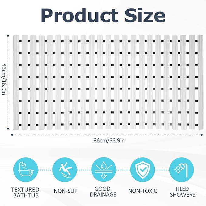 White Weighted Non Slip Bathtub Mat Without Suction Cups,Textured TPE Bath Mat for Textured Tub & Shower Surfaces,Doesn't Float, Works on Tile and Stone(33.8”x 17”)