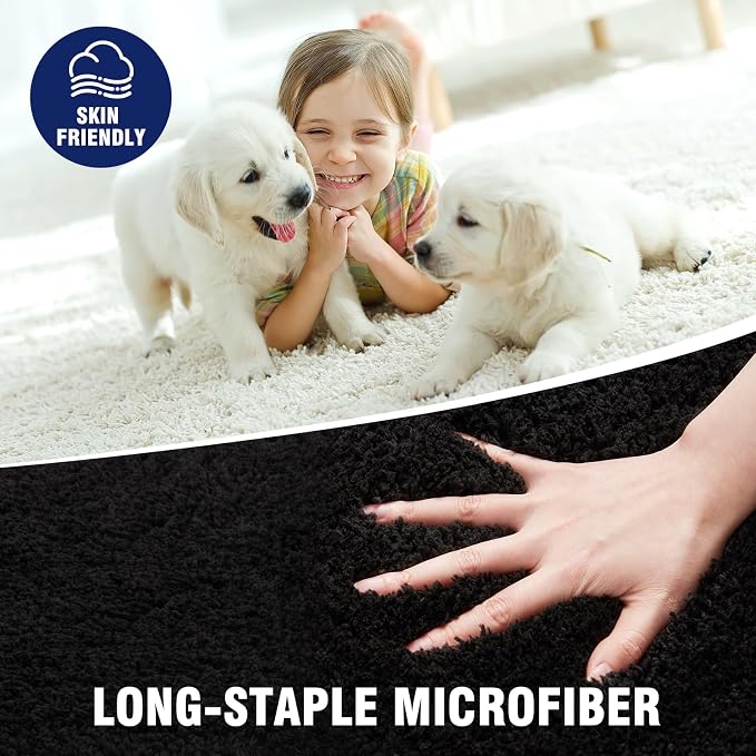 TECHMILLY U Shaped Super Soft Shaggy Bathroom Rugs, Absorbent Thick Non Slip Microfiber Toilet Rugs, Quick Dry Machine Washable Bath Mat for Bathroom Floor, Bathtub and Shower 24"x20" Black