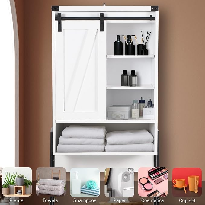 Over The Toilet Storage Cabinet, Behind Toilet Bathroom Organizer with Adjustable Shelves, Above Toilet Organizers with Barn Door, Space Saver for Restroom, Bathroom, Laundry, White