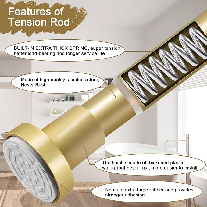 YNL Gold Shower Curtain Rod 32-94 Inch(2.7-7.8ft), Non-Slip, Never Rust, Stainless Steel No Drill Spring Tension Shower Rod, Adjustable Long Curtain Rod for Bathroom Window Patio