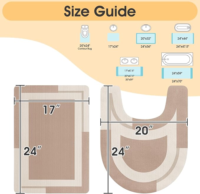 ACCUMTEK Non Slip Bath Mat, Thin Bathroom Rugs Fit Under Door, Quick Dry Bath Mats, Machine Washable Bath Rugs for Bathroom, Bathtub & Kitchen, Light Brown/Bordered/24 x17+ 24"x20" Contour Rug