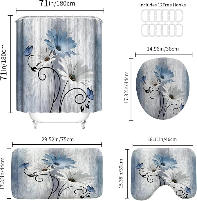 Onalasyc 4PCS Blue Daisy Flowers Plants Shower Curtain Set, Shower Curtain and Carpet and Accessories, Waterproof Bathroom Shower Curtain Decorative Set, with 12 pcs Hooks,71 x 71in