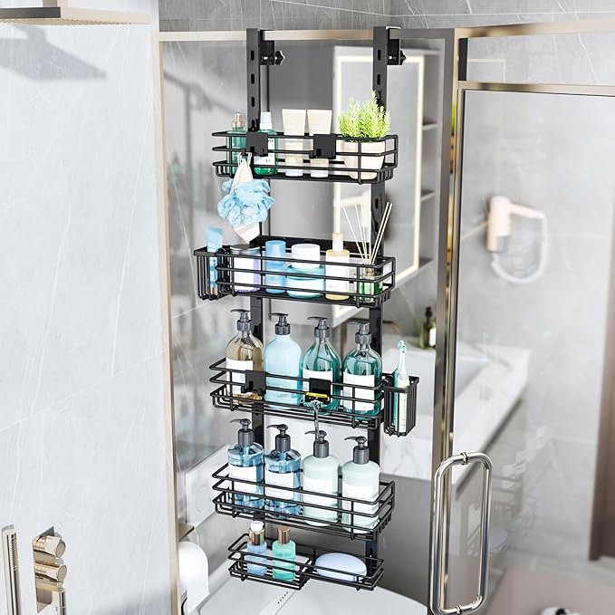 Consumest Over The Door Shower Caddy - 5 Tier Adjustable Shower Organizer Hanging with 2 Toothbrush Holders & 4 Hooks, Rustproof Organizer Shelf, Storage Rack for Bathroom, Black