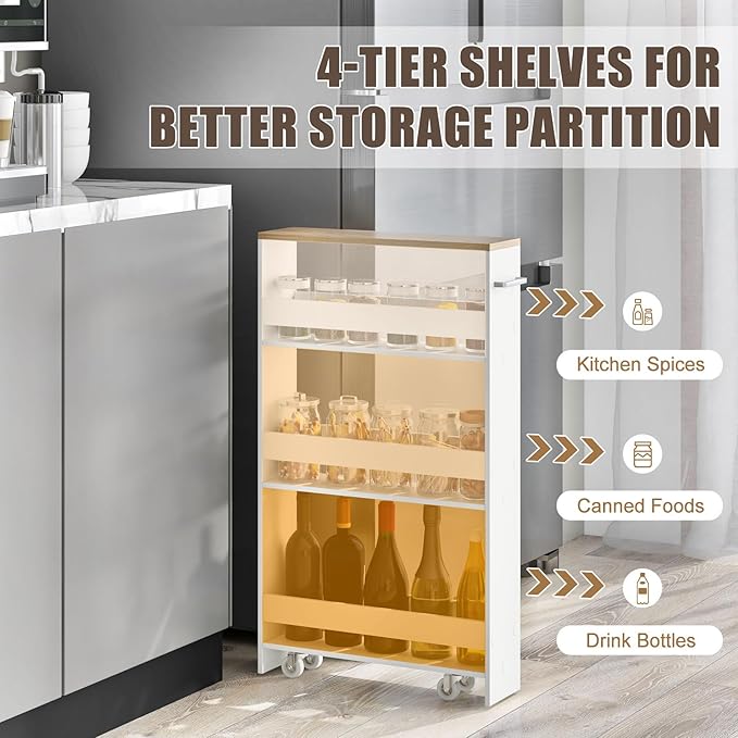 Giantex 4 Tier Rolling Slim Storage Cart, 5" Narrow Slide Out Kitchen Cart w/Handle & Open Shelves, Space-Saving Compact Mobile Utility Trolley for Small Space Laundry Room (White & Natural)