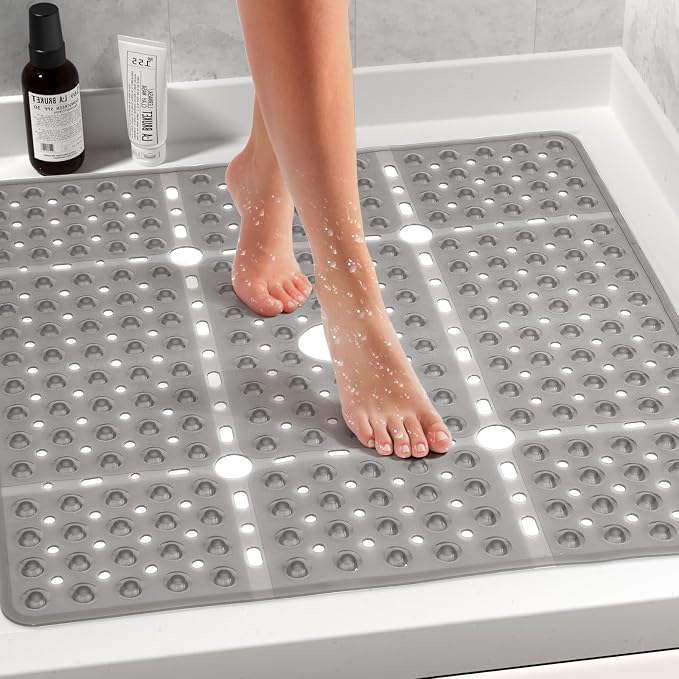 Large Square Shower Mat 27 x 27 Inch Clear Gray, Non Slip Shower Bathtub Mats for Inside Shower with Big Suction Cups Drain Holes, Anti Slip Bathroom Floor Stall Mats, Easy Clean, BPA-Free