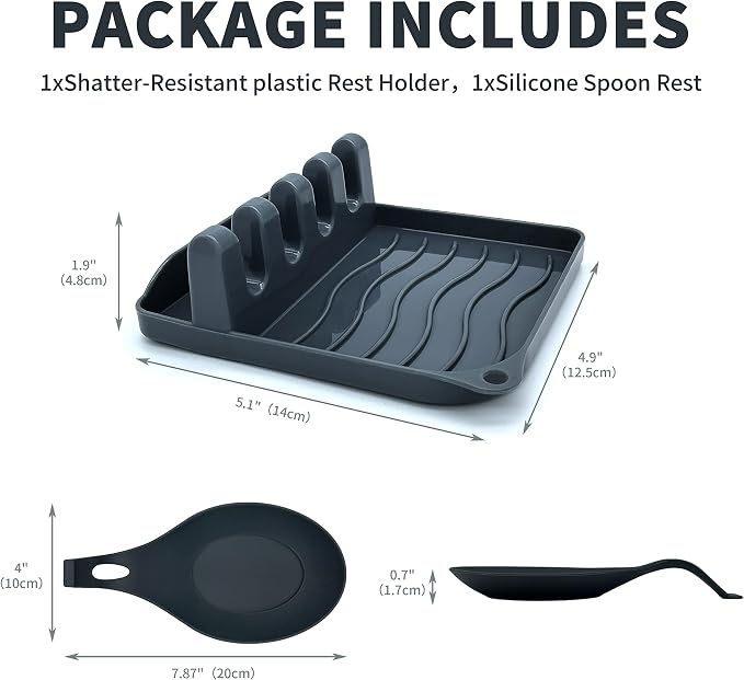 2 Pack Multiple Utensil Spoon Rest with Drip Pad Non-Slip Heat Resistant Kitchen and Grill Spoon Holder for Spatula, Ladle, Tongs, Kitchen Gadgets, and Cooking Accessories (Bright Black)
