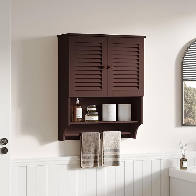 ChooChoo Bathroom Wall Cabinet with Towels Bar, 23.6" L x7.9 W x27.5 H MDF Material Medicine Cabinet, 2 Doors Over The Toilet Space Saver Storage Cabinet with Large Space, Espresso