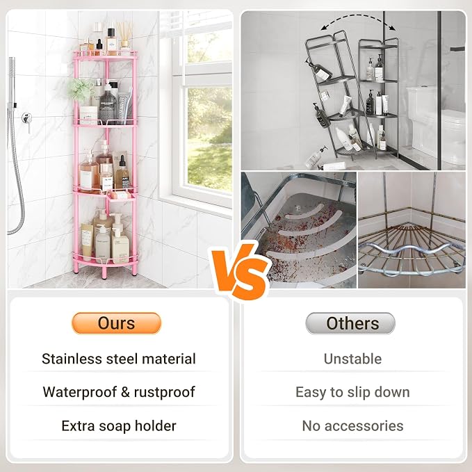 ELYKEN Corner Shower Caddy Standing, 4 Tier Rustproof Metal Shower Organizer with Soap Holder, Floor Shower Corner Shelf Rack Storage Stands with Adjustable Feet & 2 Hooks for Bathroom, Pink