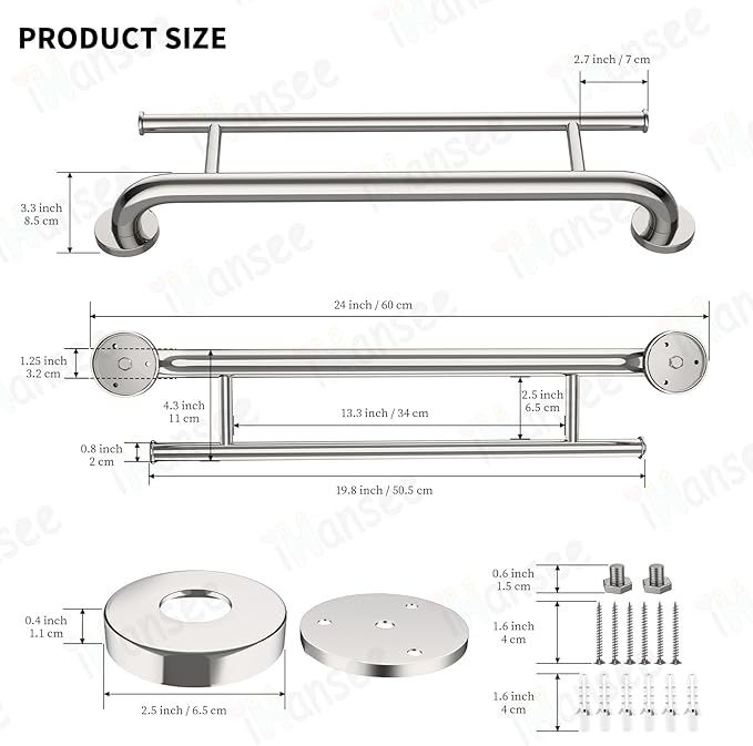 Polished Chrome Grab Bar 24 Inch w/Towel Holder, iHansee Stainless Steel Towel Rack Shower Support Balanced Support Handle, Wall Mount Safety Handrail Grab Rail for Elderly Senior Handicap Disabled