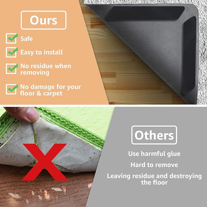 ZONGOOL 8 PCS Rug Tape Non Slip – Reusable Washable Rug Grippers for Hardwood Floors, Double Sided Rug Pads to Prevent Sliding & Curling, No Floor Damage, Rental Friendly, Black