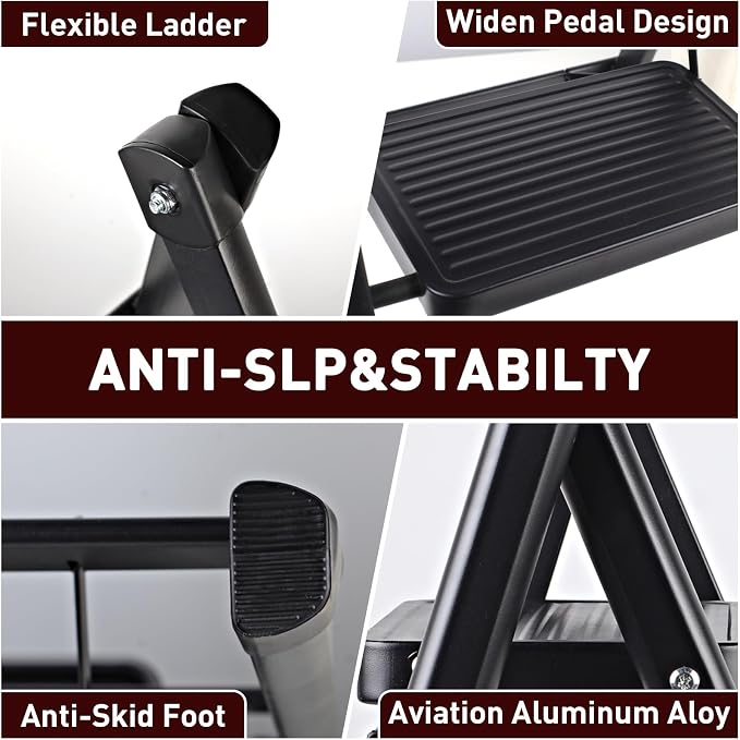 3-Step Ladder, Folding Step Stool for Kitchen/Closet/Garage, Sturdy & Lightweight Aluminum Handy Ladder, 200 lbs Capacity, Anti-Slip Pedals, Compact & Portable for Home DIY & Everyday Tasks