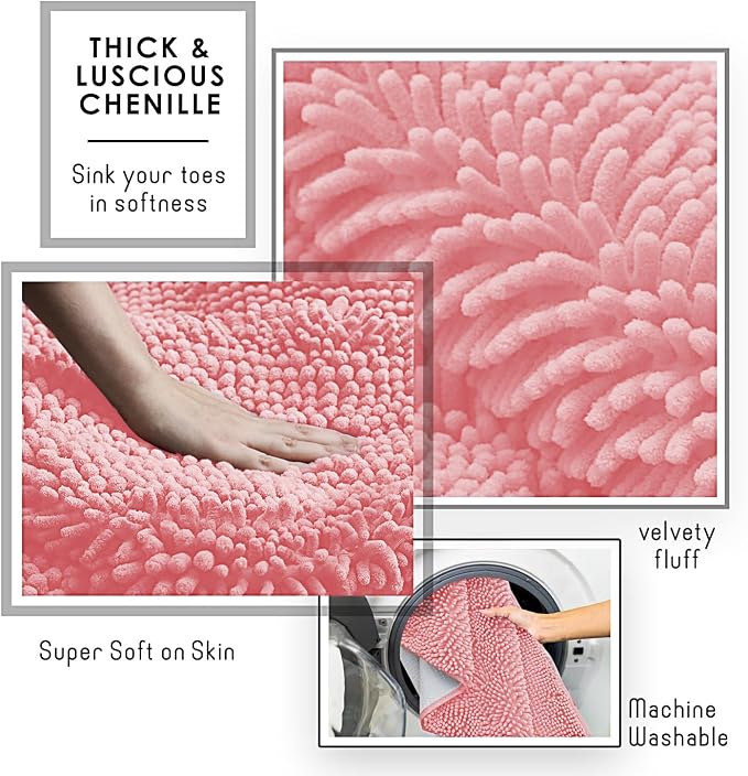 Hearth & Harbor Bathroom Rugs, Chenille Bath Mat - Machine Washable Bath Mats for Bathroom Non-Slip Backing Rubber, Quick Dry Bathroom Mat, 17 x 24 + 20 x 32 - Pink