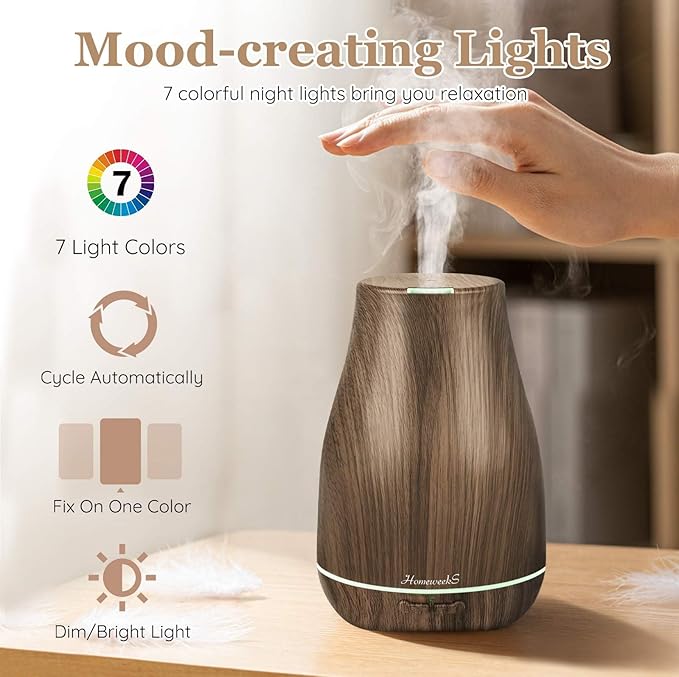 Aromatherapy Essential Oil Diffuser for Room: Air Humidifier Aroma Scent Cool Mist Diffusers Colorful Light Cute Mini Small Waterless Auto Off Ultrasonic for Home Bedroom (Brown Wood Grain)