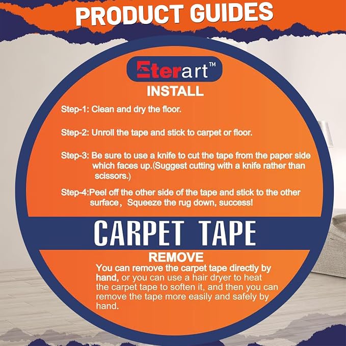 ETERART Heavy Duty Double Sided Carpet Tape - Fiberglass Reinforced, Residue-Free Rug Tape for Hardwood Floors & Tile - Hand Tearable, Anti-Slip Safety for Kids & Pets (2" x 10 Yards, White)