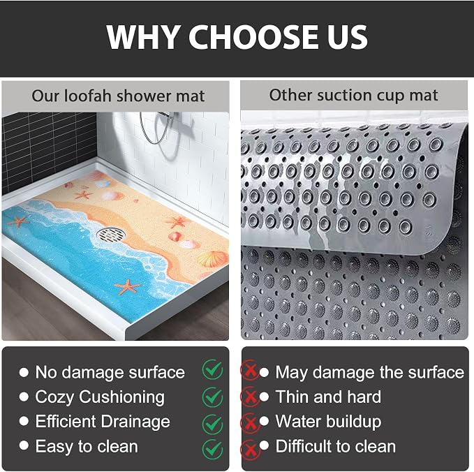 Non Slip Shower Mat: 32x24 Inch Extra Large Shower Mats for Inside Shower with Drain Hole in Middle - Soft PVC Loofah Anti Slip Shower Floor Mat for Standing and Walk-in Shower, Quick Drying