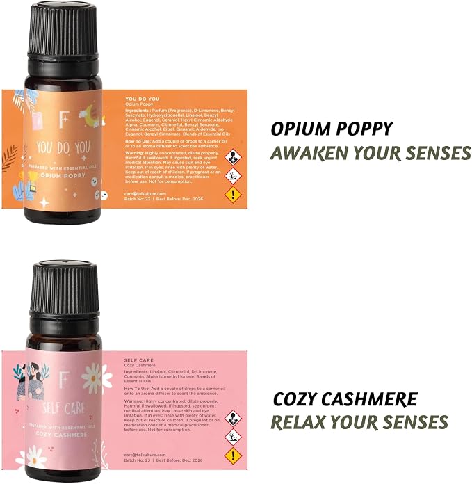 Folkulture Essential Oils Set | 6 Relaxing Fragrance Oils for Diffusers | Green Tea, Cashmere, Ocean Salt | Aromatherapy Gift Set for Her, Him | Graduation Gifts | Self-Care Lovers | Self Love Club