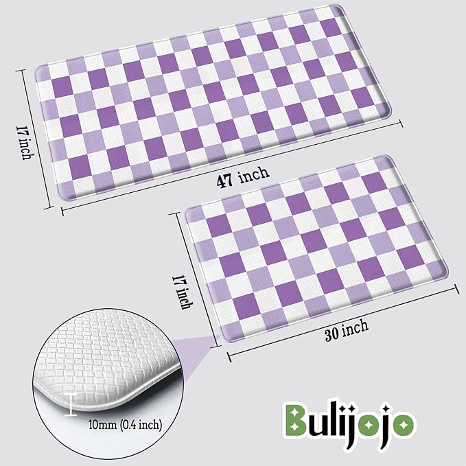 Bulijojo Purple Plaid Anti Fatigue Kitchen Floor Mats Set of 2 Waterproof Kitchen Sink Runner Rug Standing Mat Cushioned Kitchen Rugs Comfort Doormat 17"x47"+17" x30“