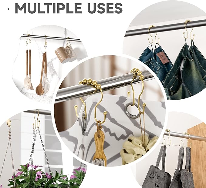 Bathway Gold Shower Curtain Hooks, Shower Curtain Hook Shower Curtain Rings Rust Proof Smooth Double Shower Curtain Hooks, Shower Hooks for Shower Curtain Bathroom Shower Rod Hook 12 Pcs