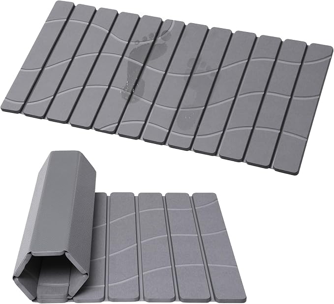 Foldable Stone Bath Mat, Non Slip Large Diatomaceous Shower Mat, Super Absorbent Quick Drying Stone Mat for Bathroom Kitchen Floor Counter Sink,Easy to Clean & Store (32" x 16" Dark Gray)